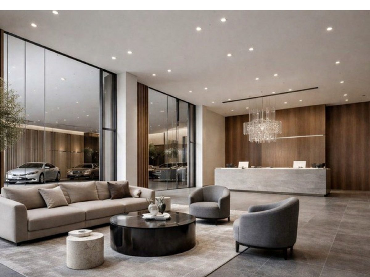Grey stone look porcelain floor tile in a contemporary hotel lobby