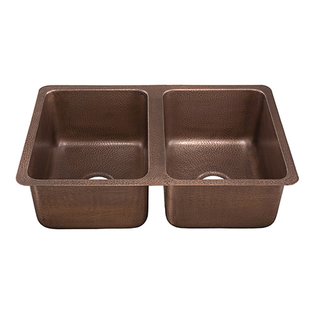 Andora 50/50 double bowl undermount hammered copper kitchen sink, 14 gauge