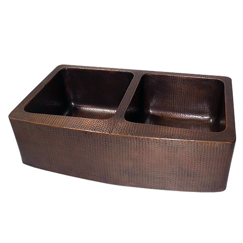 Andora 50/50 double bowl apron-front hammered copper kitchen sink, 14 gauge