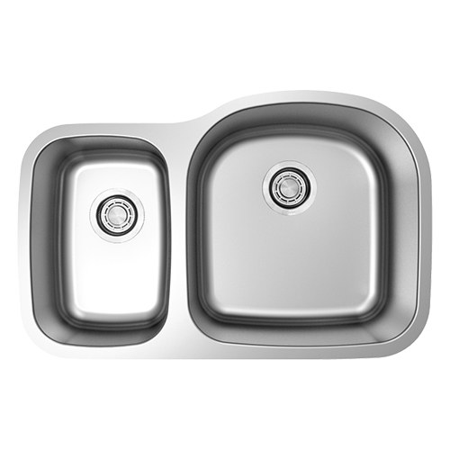 Marbella 30/70 offset double bowl undermount kitchen sink, 18 gauge stainless steel